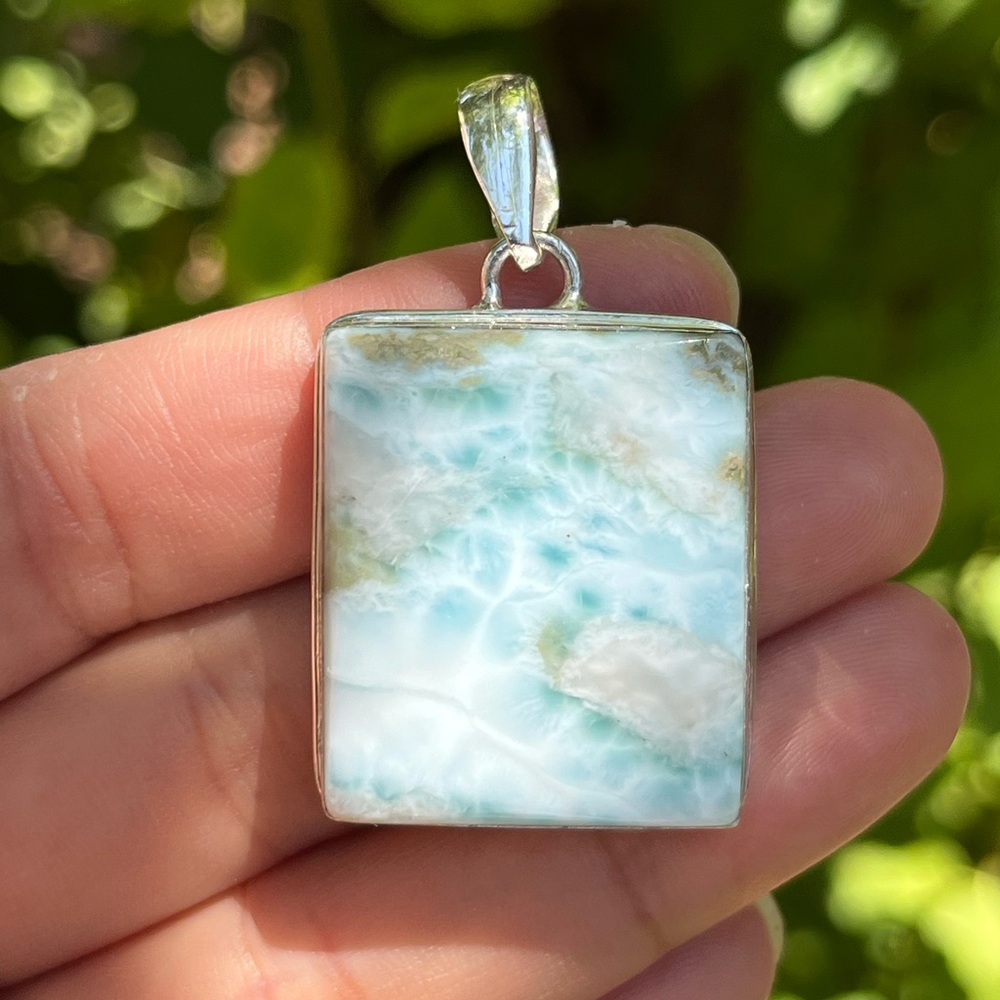 Sterling silver 925 stamped rectangular scenery larimar pendant 1250